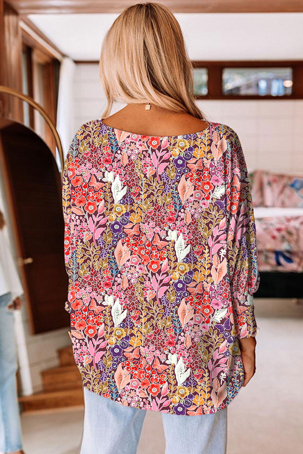 Multicolor Floral Print Boat Neck Top