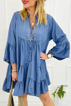 Sky Blue Chambray Ruffled 3/4 Sleeve Tiered Split V Neck Mini Dress - Vesteeto