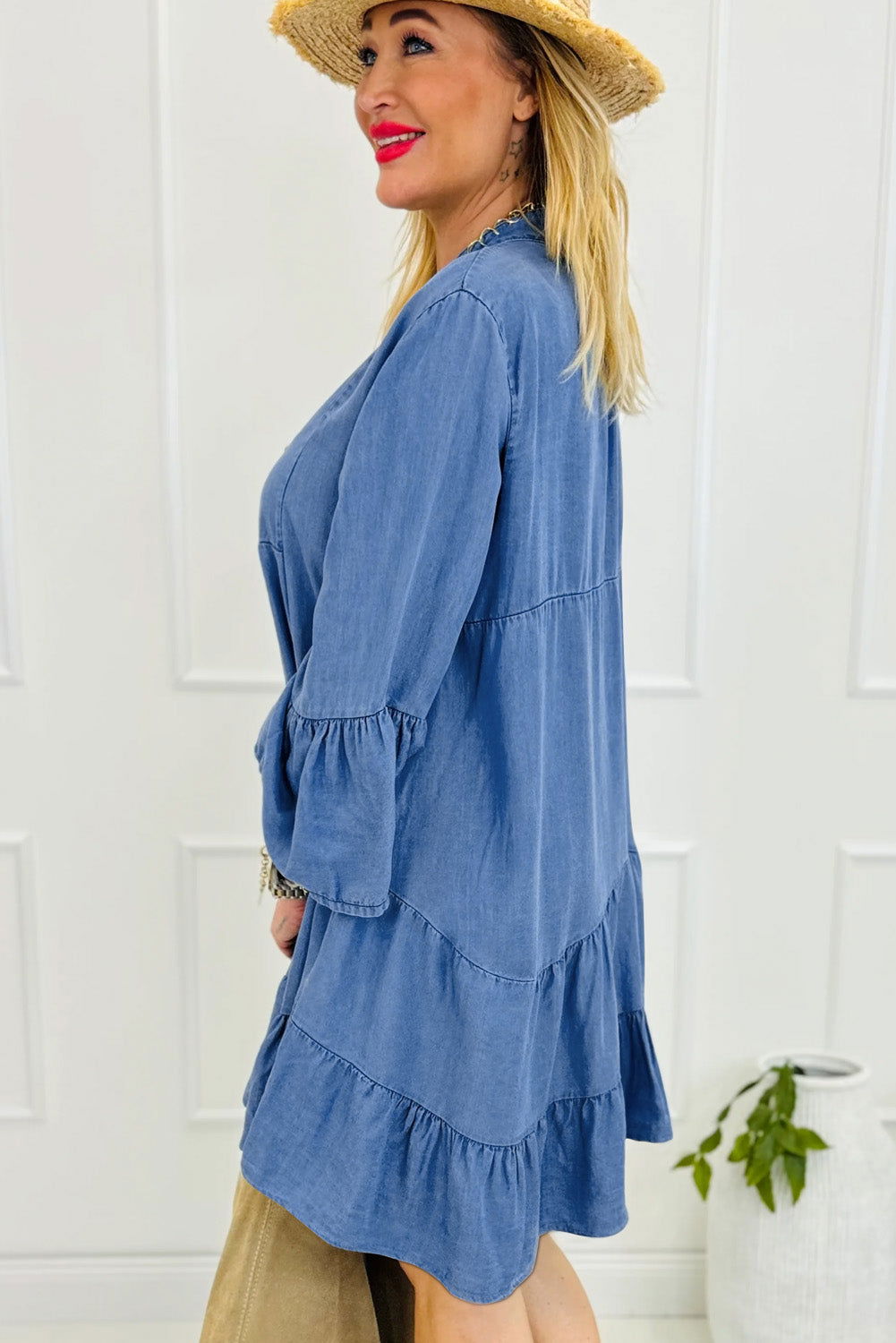 Sky Blue Chambray Ruffled 3/4 Sleeve Tiered Split V Neck Mini Dress - Vesteeto