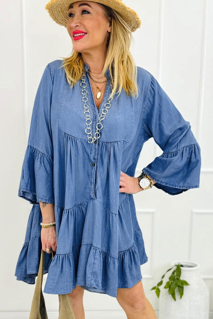 Sky Blue Chambray Ruffled 3/4 Sleeve Tiered Split V Neck Mini Dress - Vesteeto