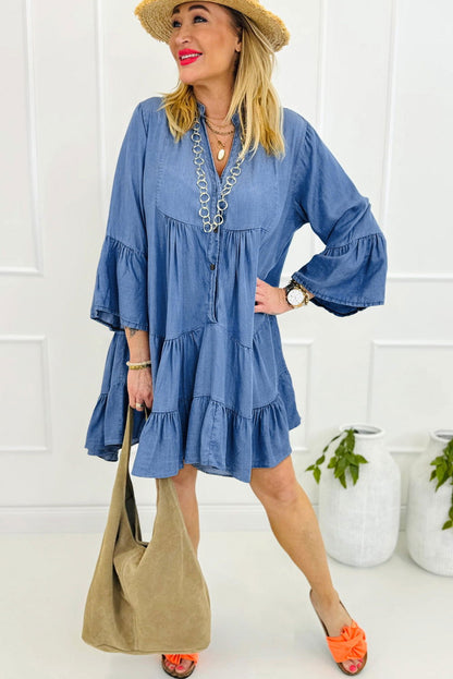 Sky Blue Chambray Ruffled 3/4 Sleeve Tiered Split V Neck Mini Dress - Vesteeto