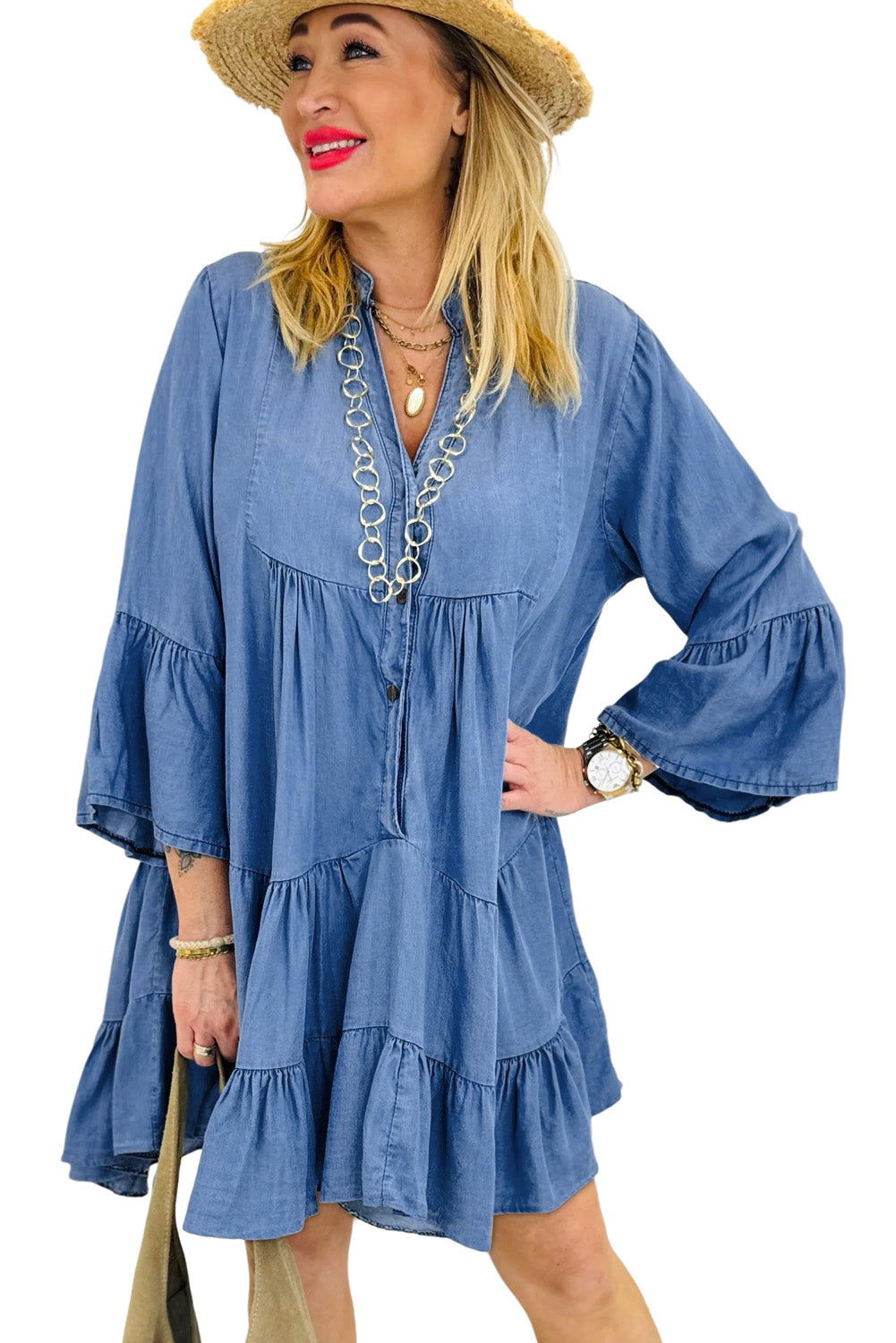 Sky Blue Chambray Ruffled 3/4 Sleeve Tiered Split V Neck Mini Dress - Vesteeto