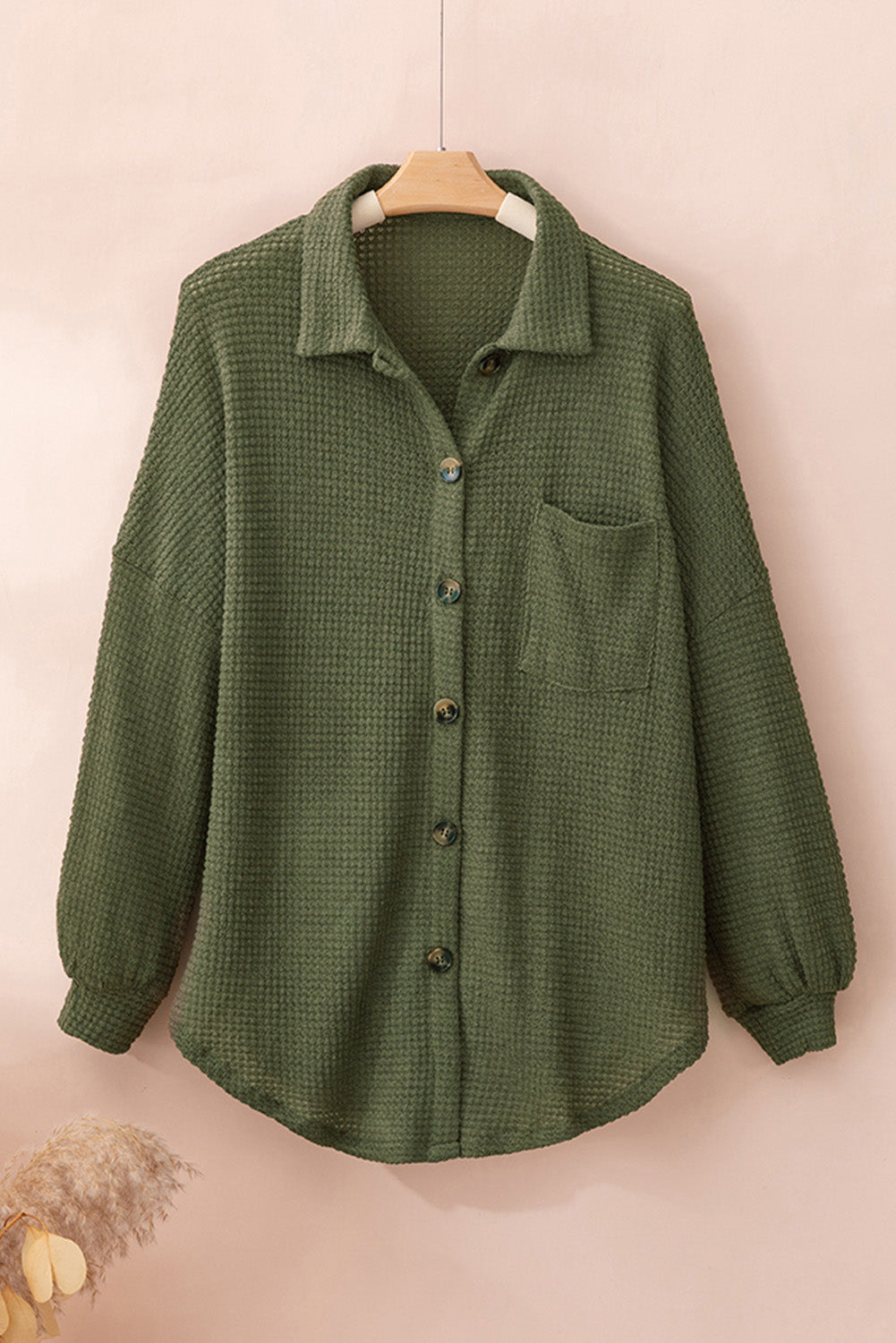 Green Waffle Knit Pocket Button Front Shacket 