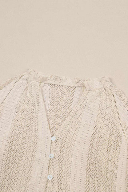 White Notch Neck Button Down Raglan Sleeve Crochet Top 