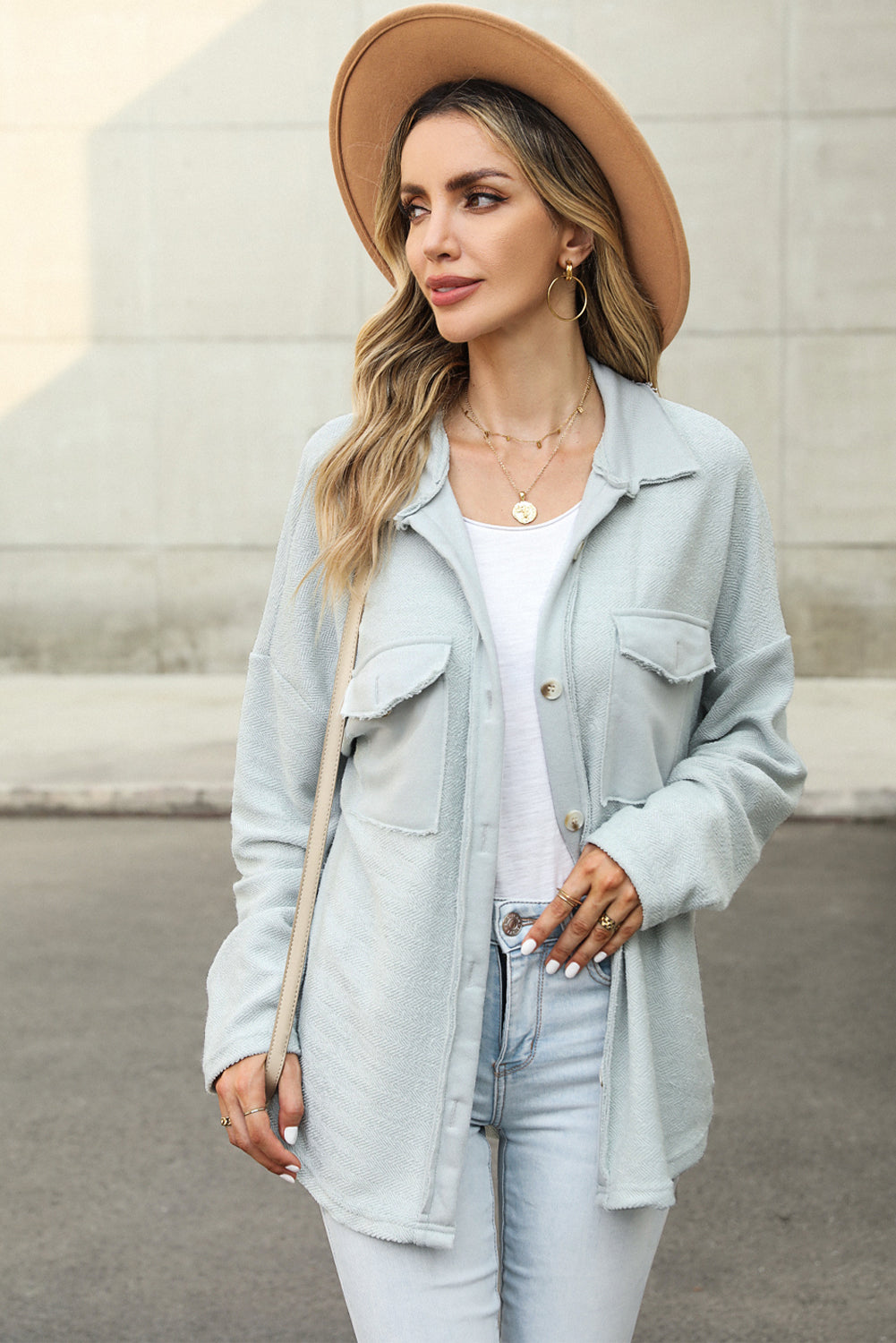 Grey Solid Color Textured Button Up Shirt Shacket with Pockets 