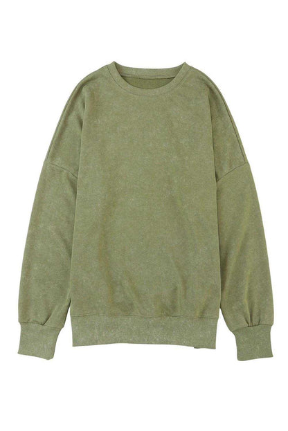 Green Plain Drop Shoulder Ribbed Trim Oversized Sweatshirt - Vesteeto