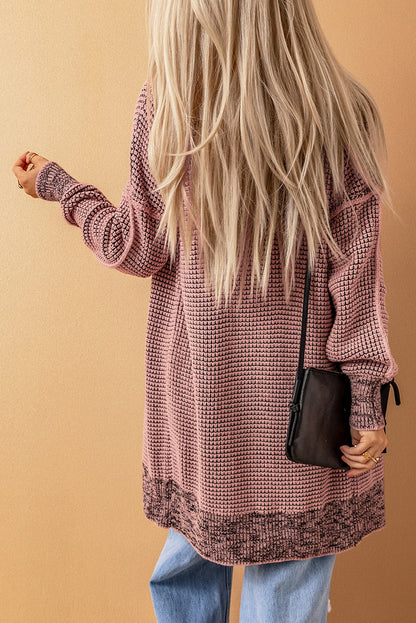 Pink Plaid Contrast Trim Casual Knit Long Cardigan 