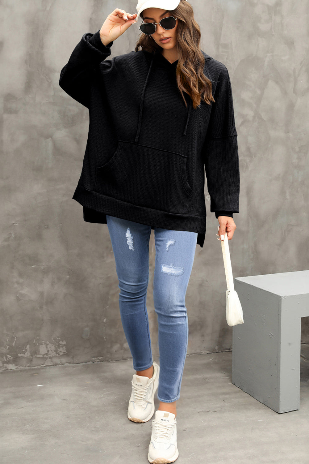 Coffee Waffle Knit High Low Oversized Hoodie 