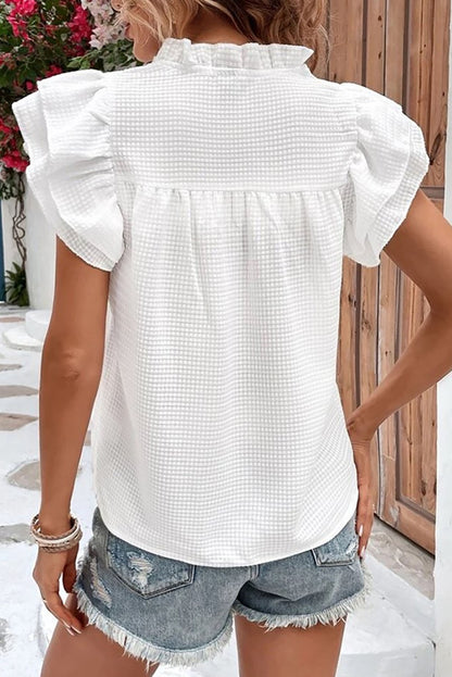 White Basic Textured Tiered Ruffle Sleeve Blouse for Women 