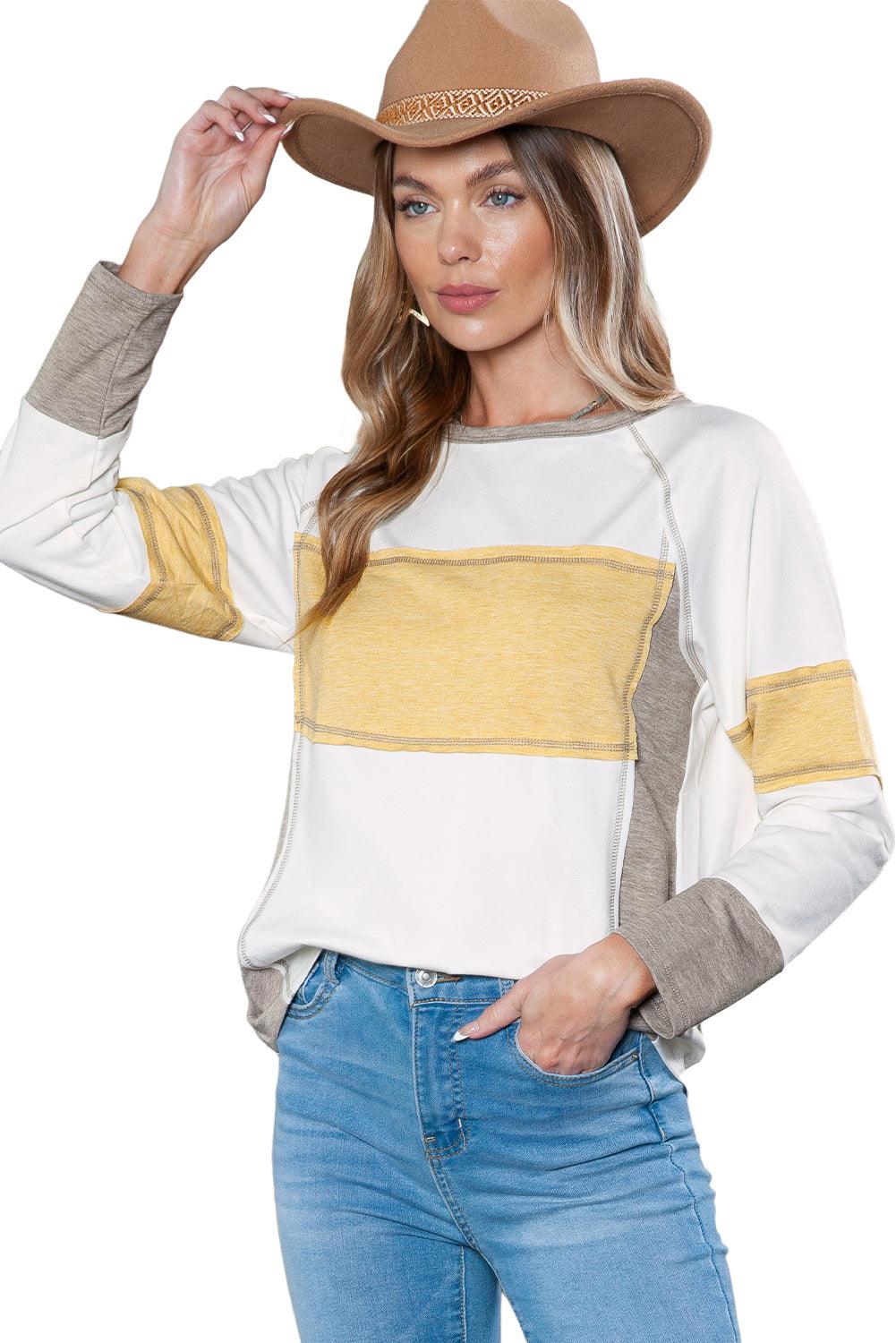 White Color Block Exposed Seam Pullover Long Sleeve T Shirt - Vesteeto