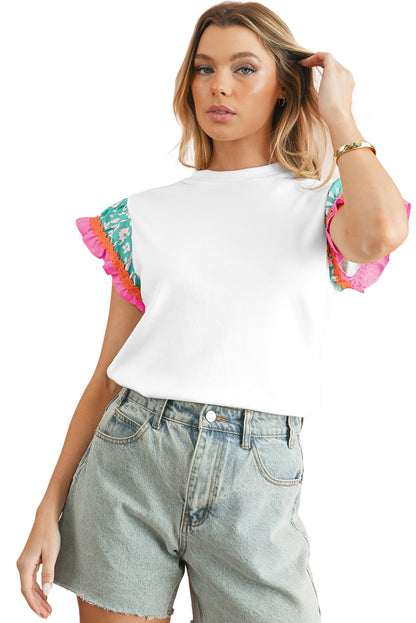 White Color Block Floral Print Ruffle Sleeve Blouse 