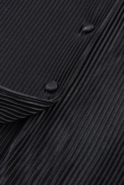 Black Plain Button Up Shirt and High Waisted Shorts Loungewear Set - Vesteeto