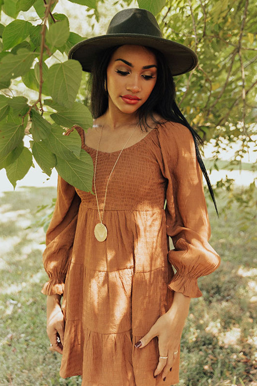 Brown Long Sleeve Smocked Tiered Boho Dress 