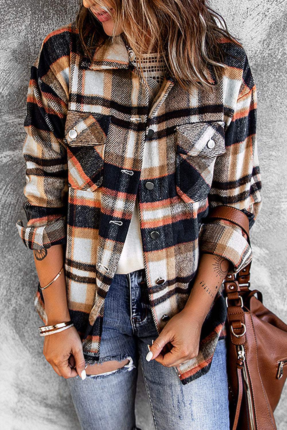 Brown Plaid Button Up Long Sleeve Flannel Shacket 