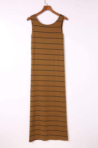 Khaki Striped Backless Casual Side Slits Maxi Dress