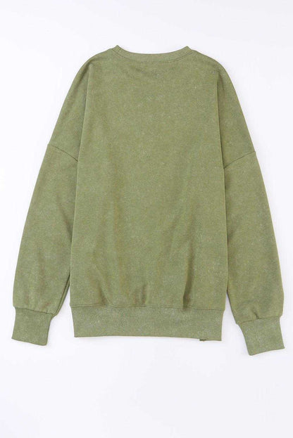 Green Plain Drop Shoulder Ribbed Trim Oversized Sweatshirt - Vesteeto