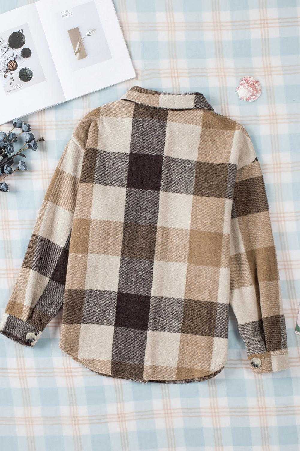 Plaid Color Block Buttoned Pocket Long Sleeve Shacket 