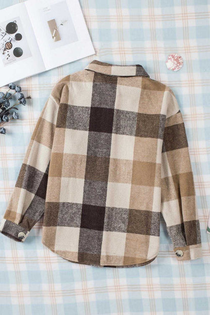 Plaid Color Block Buttoned Pocket Long Sleeve Shacket 