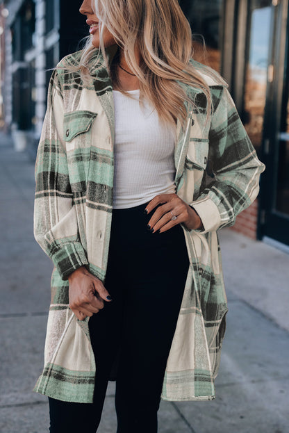Brown Plaid Casual Button Up Flannel Long Shacket with Flap Pockets