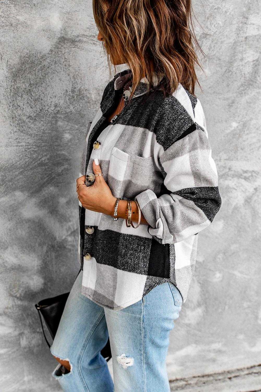 Plaid Color Block Buttoned Pocket Long Sleeve Shacket 