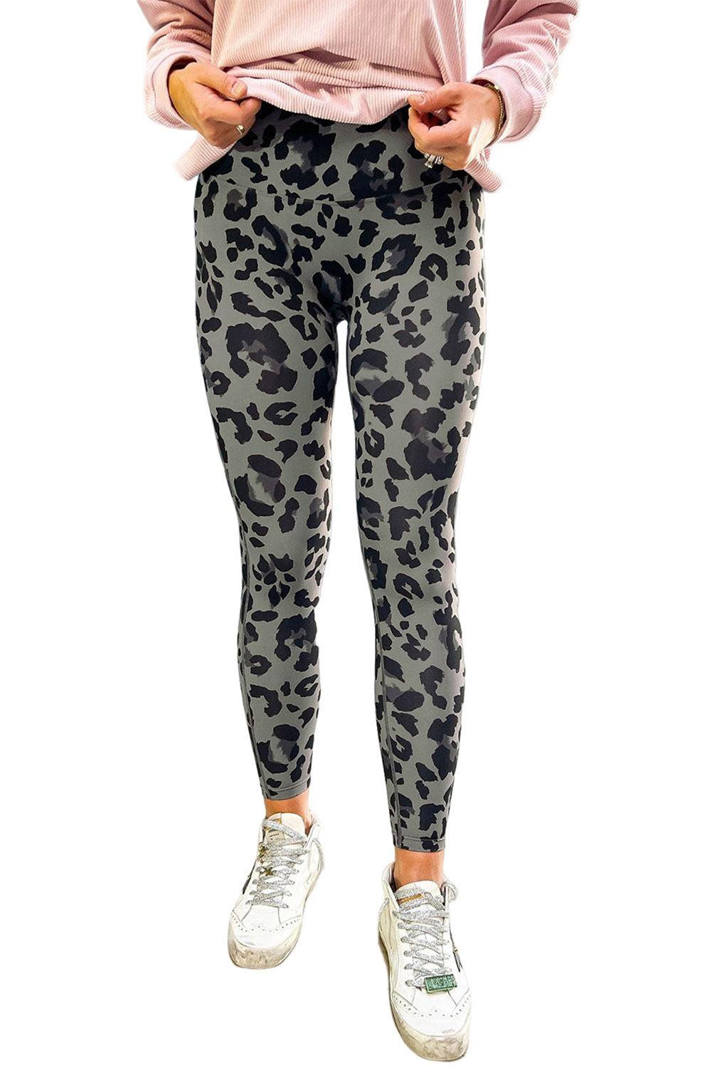 Grey Leopard Print Casual High Waist Leggings - Vesteeto