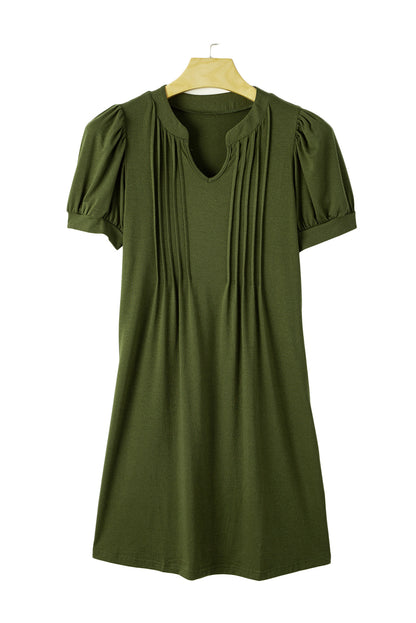 Fern Green Notched Neck Puff Sleeve Pleated T Shirt Dress 