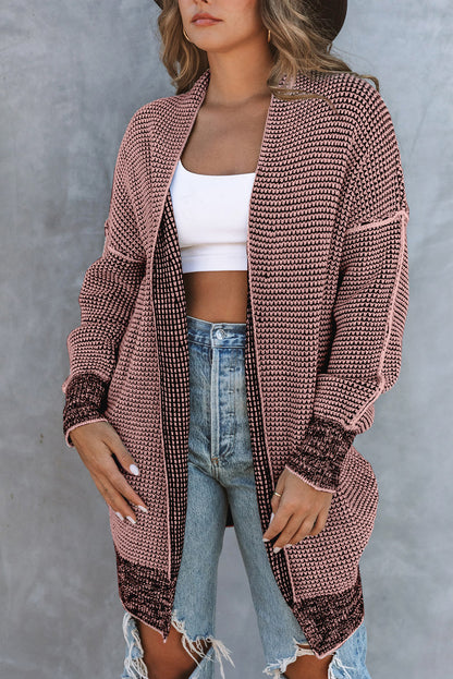 Pink Plaid Contrast Trim Casual Knit Long Cardigan 