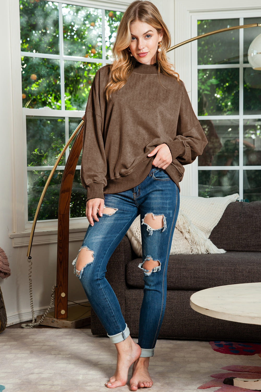 Brown Plain Drop Shoulder Crew Neck Pullover Sweatshirt 