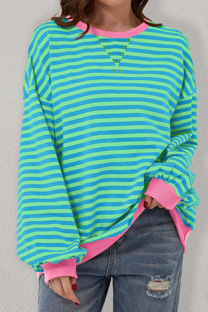 Blue Stripe Contrast Edge Cross Seam Oversized Pullover 