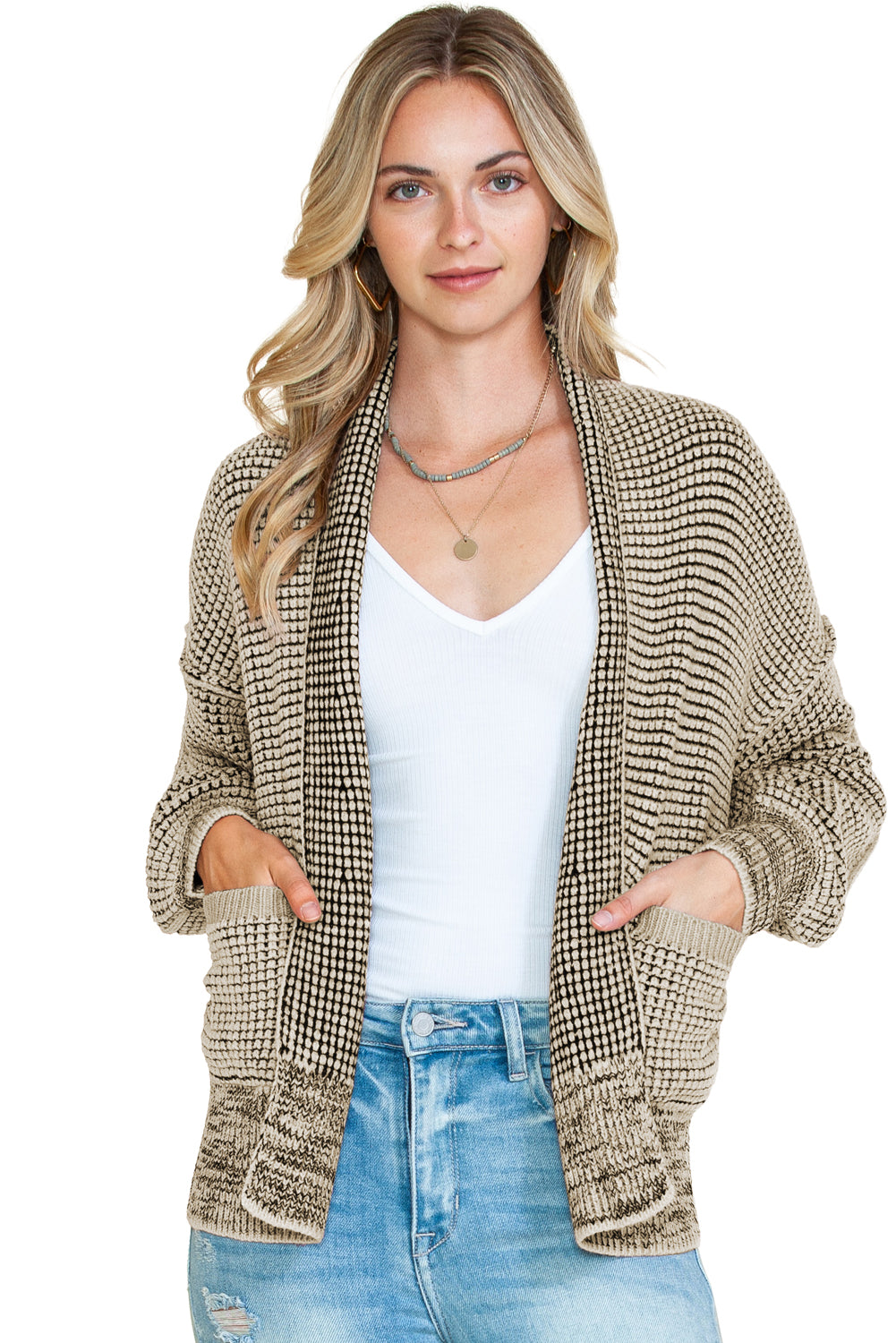 Brown Chunky Knit Pocketed Drop Sleeve Cardigan 