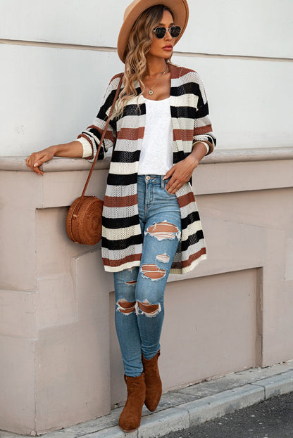 Green Striped Color Block Casual Cutout Knit Cardigan 