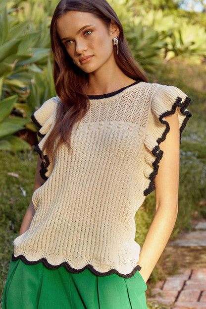 White Contrast Trim Ruffle Hollow Knit Tee