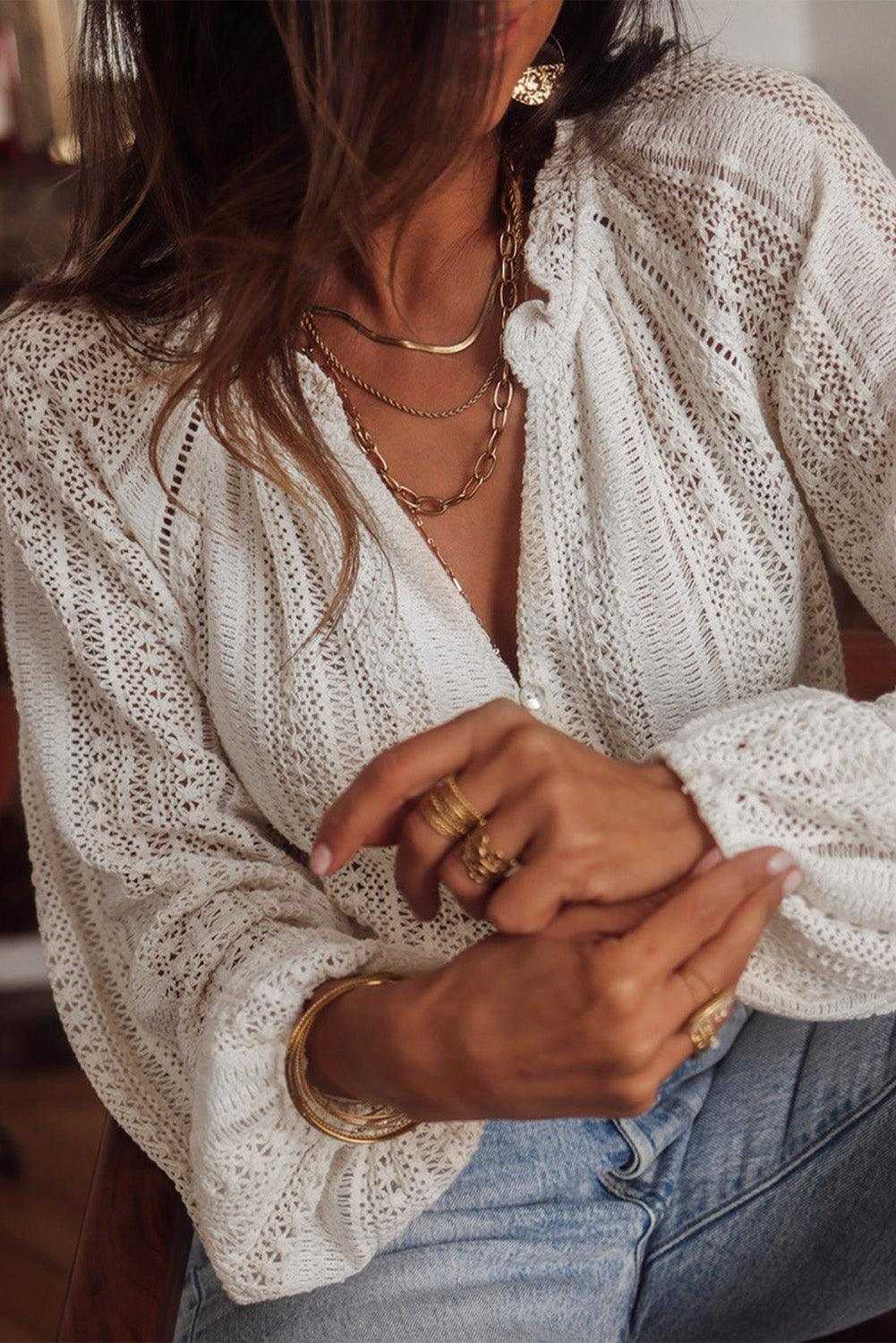 White Notch Neck Button Down Raglan Sleeve Crochet Top 