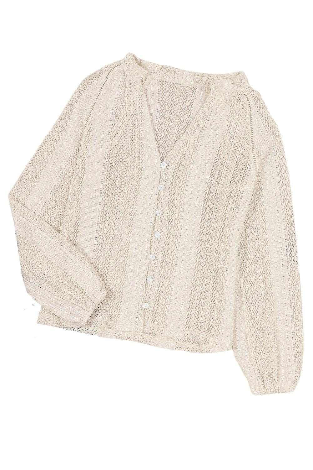 White Notch Neck Button Down Raglan Sleeve Crochet Top 