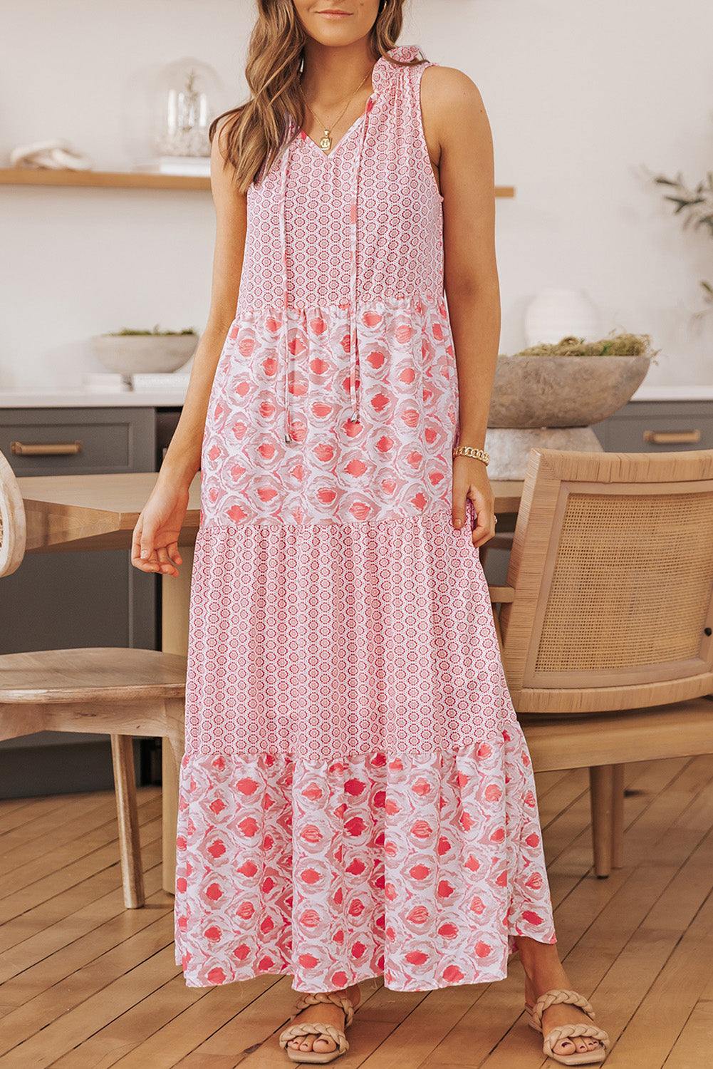 Pink Abstract Sleeveless V Neck Summer Tiered Dress 