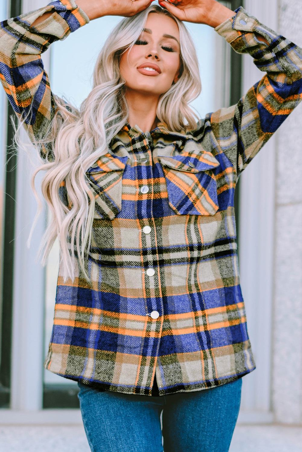 Brown Plaid Button Up Long Sleeve Flannel Shacket 