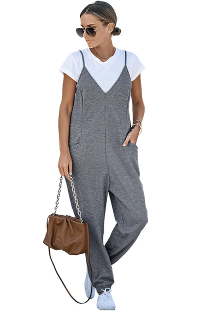 Blue Casual Textured Sleeveless V-Neck Pocketed Jumpsuit