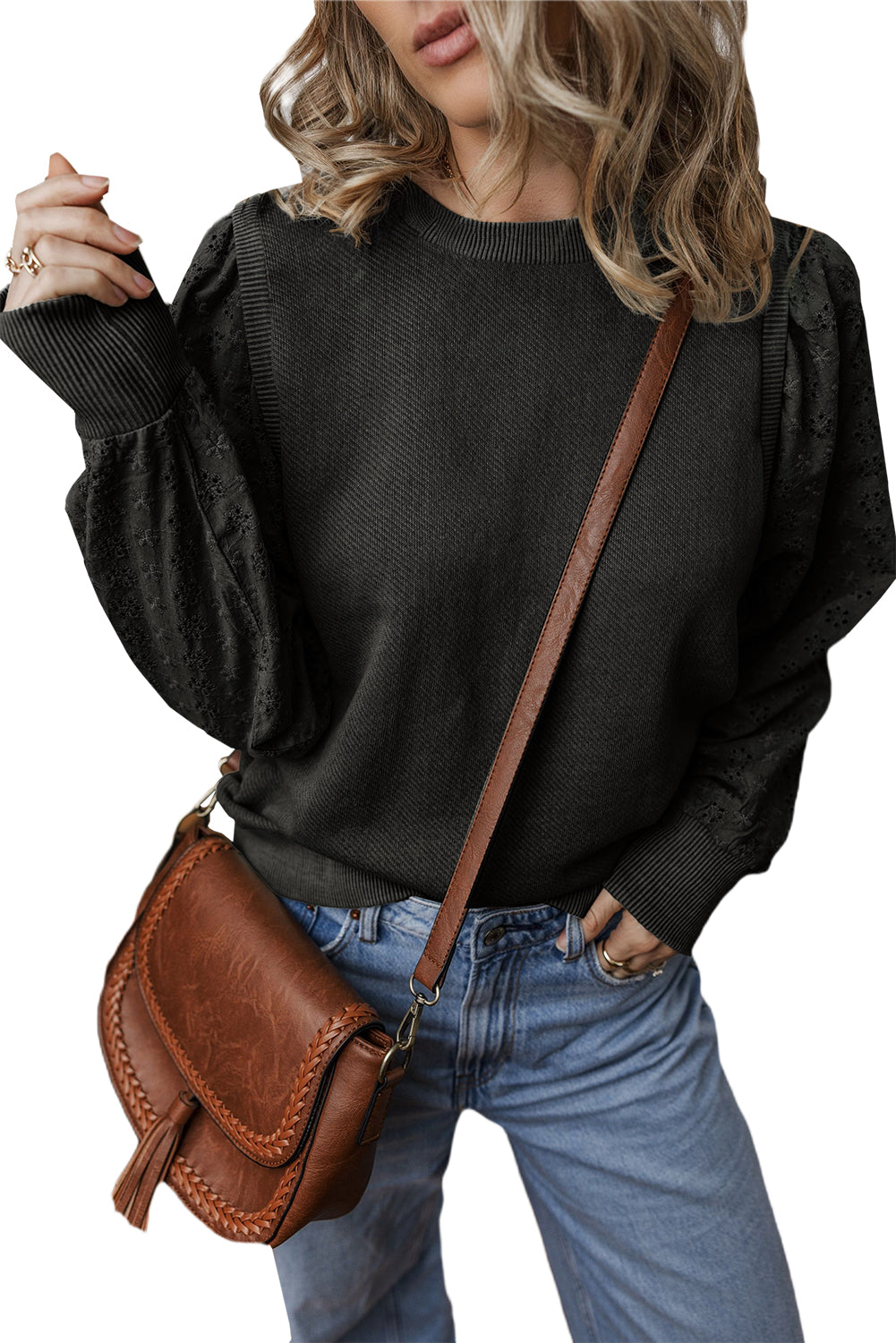 Black Eyelet Embroidered Patchwork Sleeve Ribbed Sweatshirt 