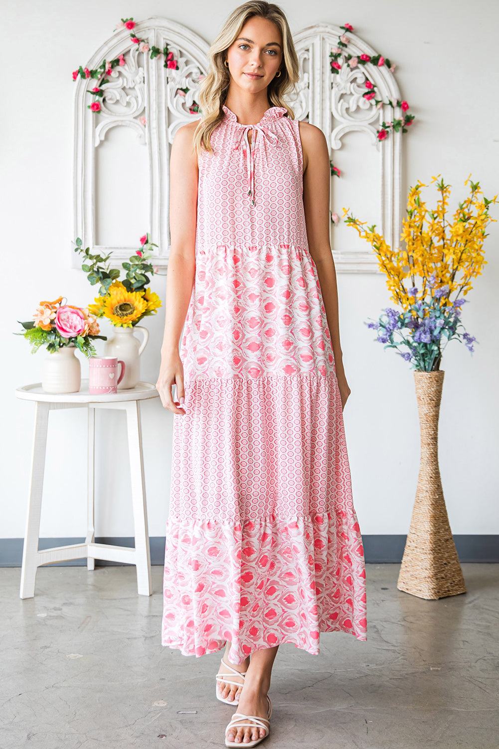 Pink Abstract Sleeveless V Neck Summer Tiered Dress 