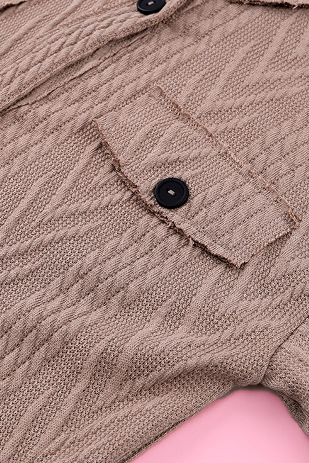 Khaki Casual Textured Button Front Oversized Knit Shacket - Vesteeto
