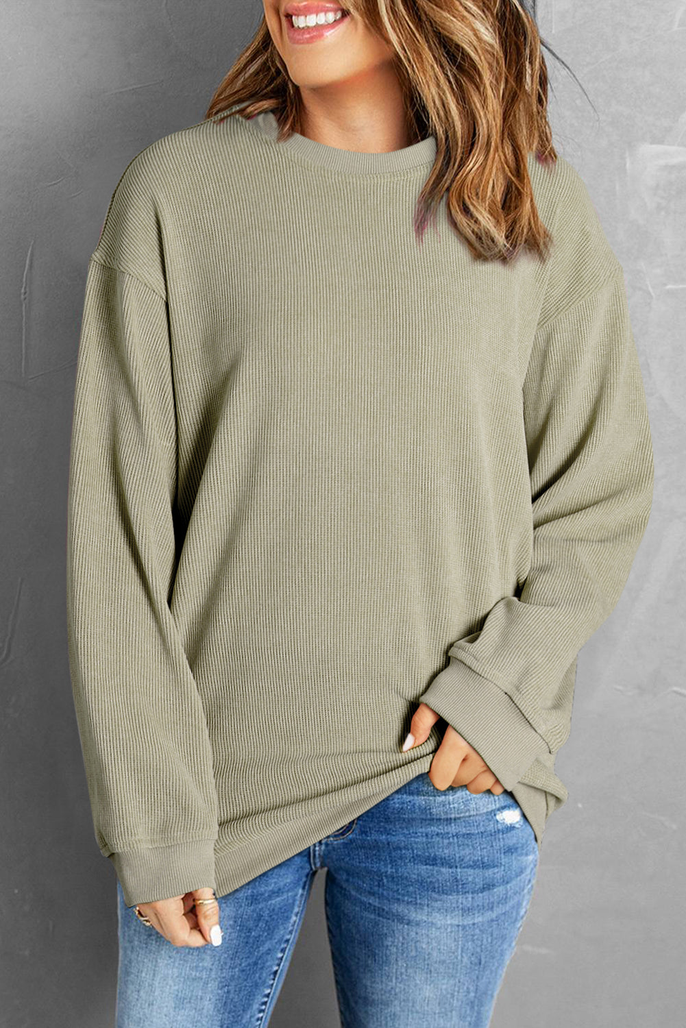 Pink Solid Ribbed Round Neck Pullover Sweatshirt 