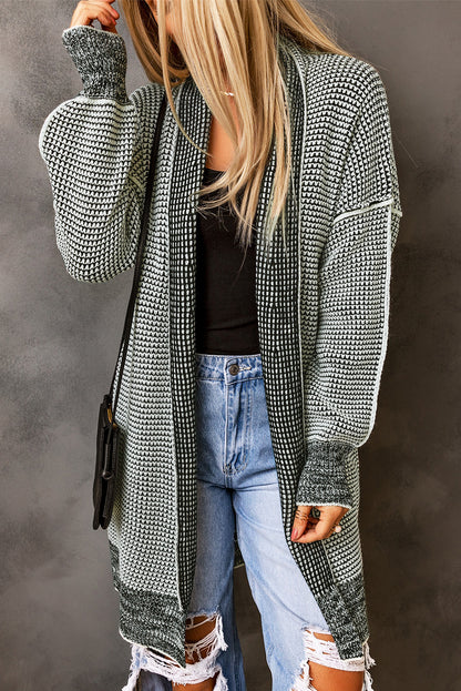 Pink Plaid Contrast Trim Casual Knit Long Cardigan 