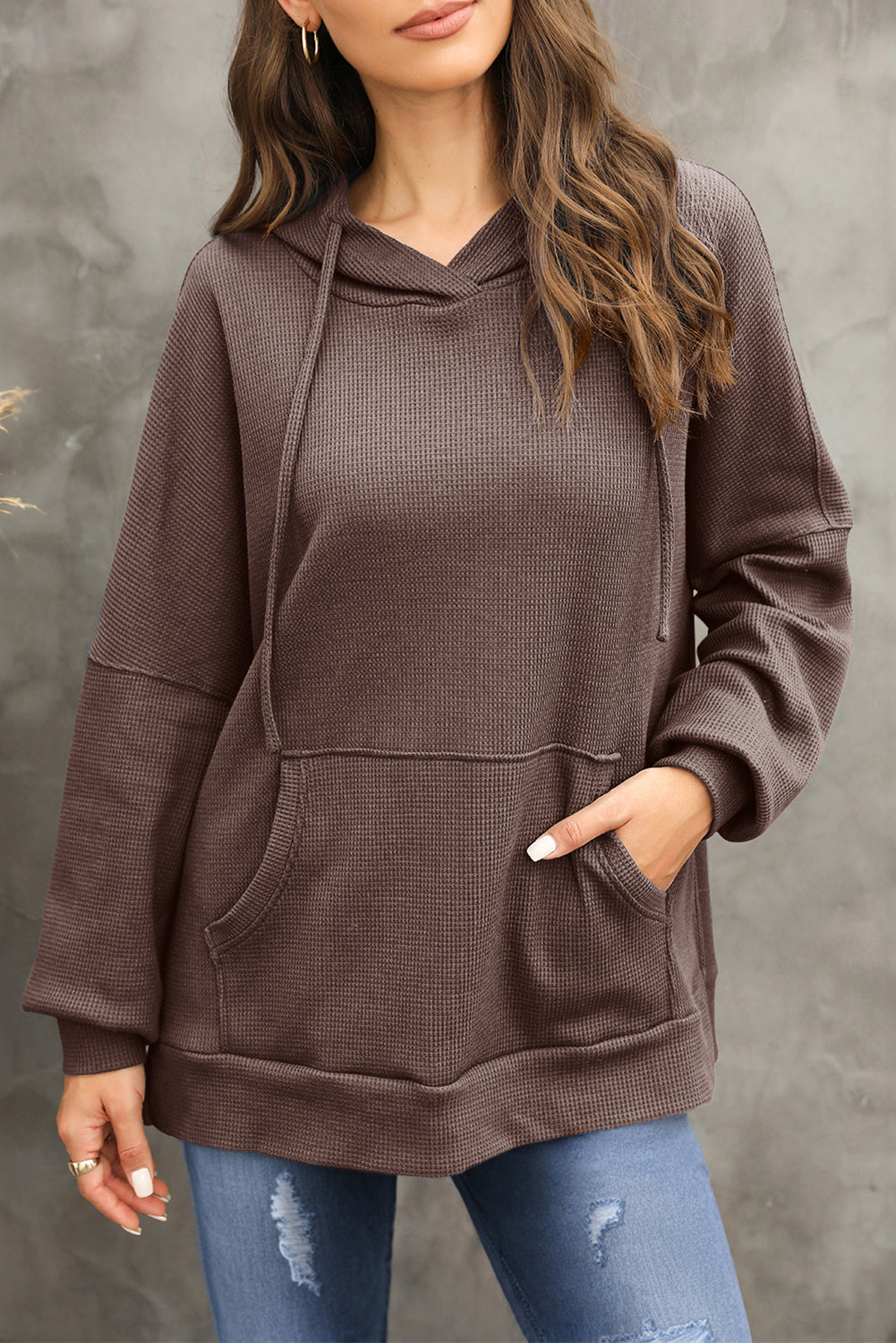 Coffee Waffle Knit High Low Oversized Hoodie 