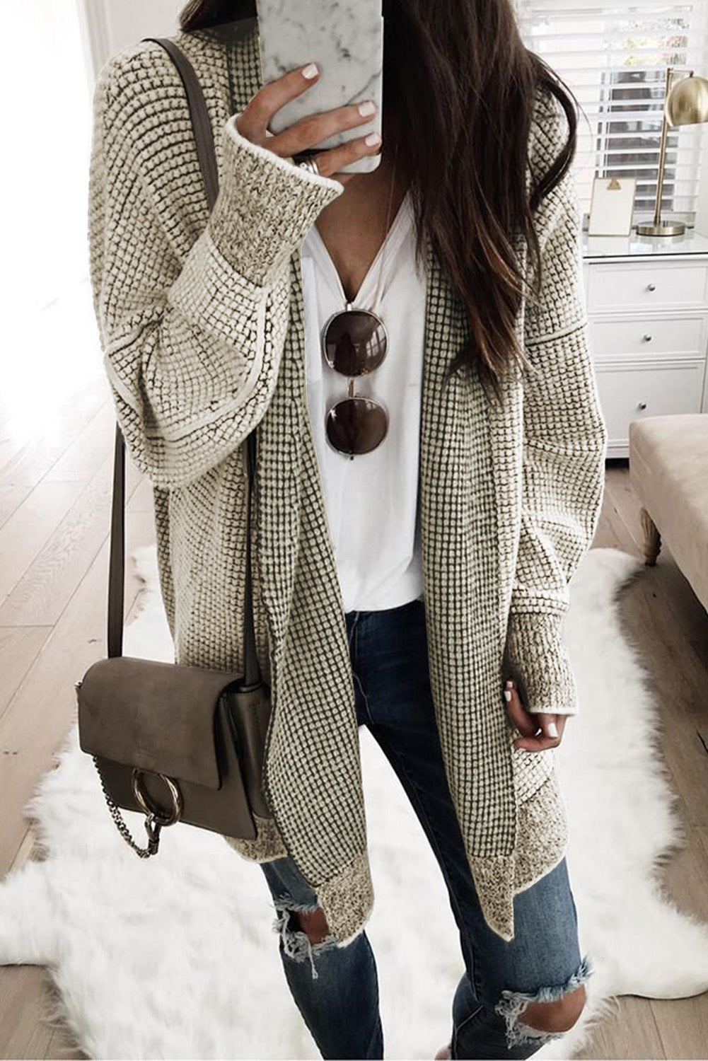 Pink Plaid Contrast Trim Casual Knit Long Cardigan 