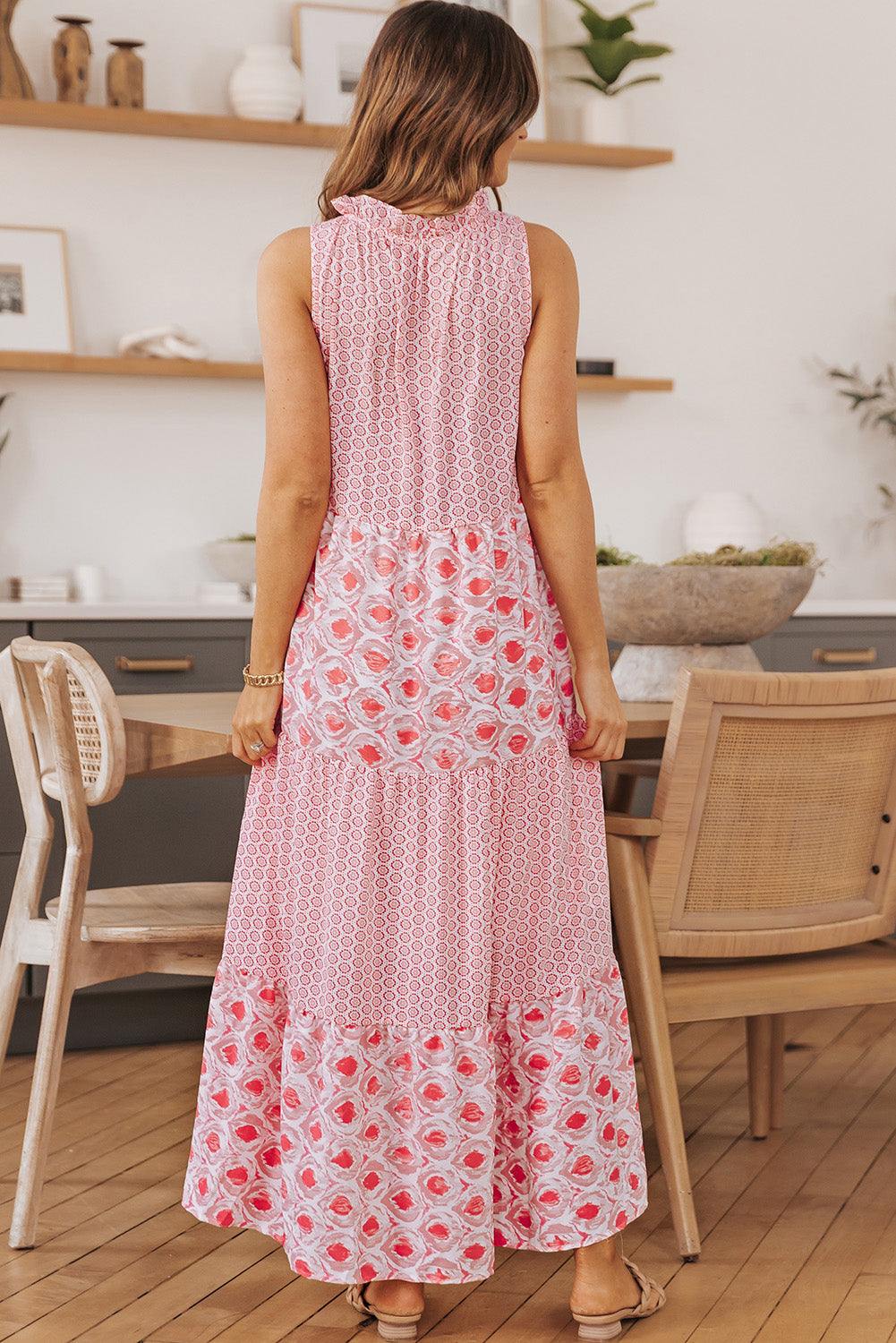 Pink Abstract Sleeveless V Neck Summer Tiered Dress 