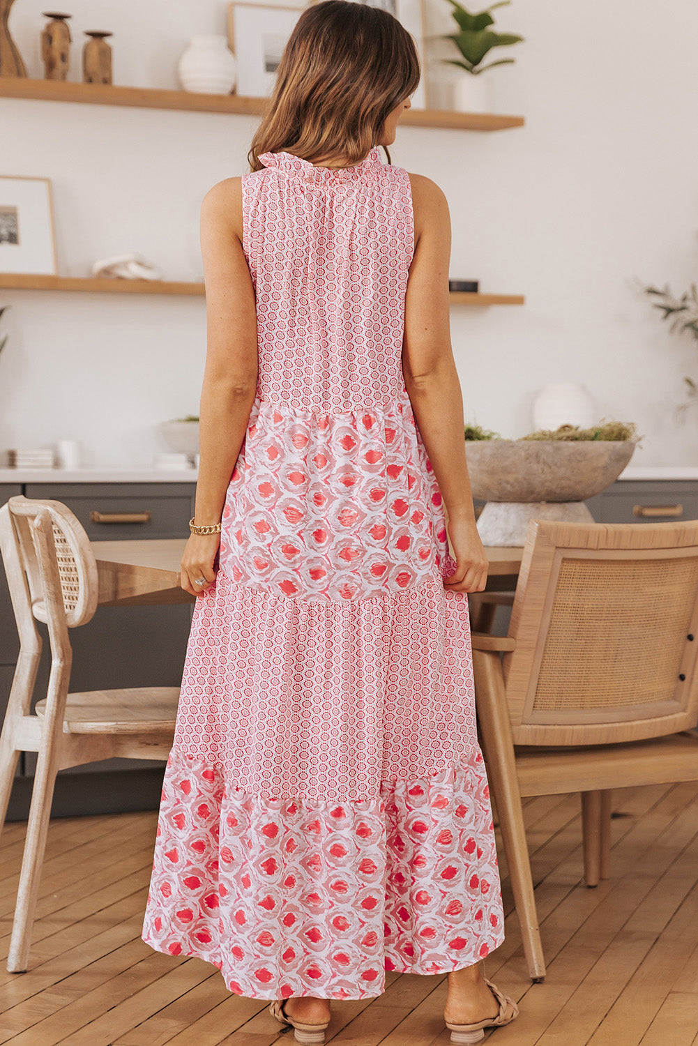 Pink Abstract Print Patchwork Sleeveless V Neck Tiered Dress 