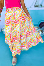 Pink Bohemian Abstract Print Tiered Maxi Skirt