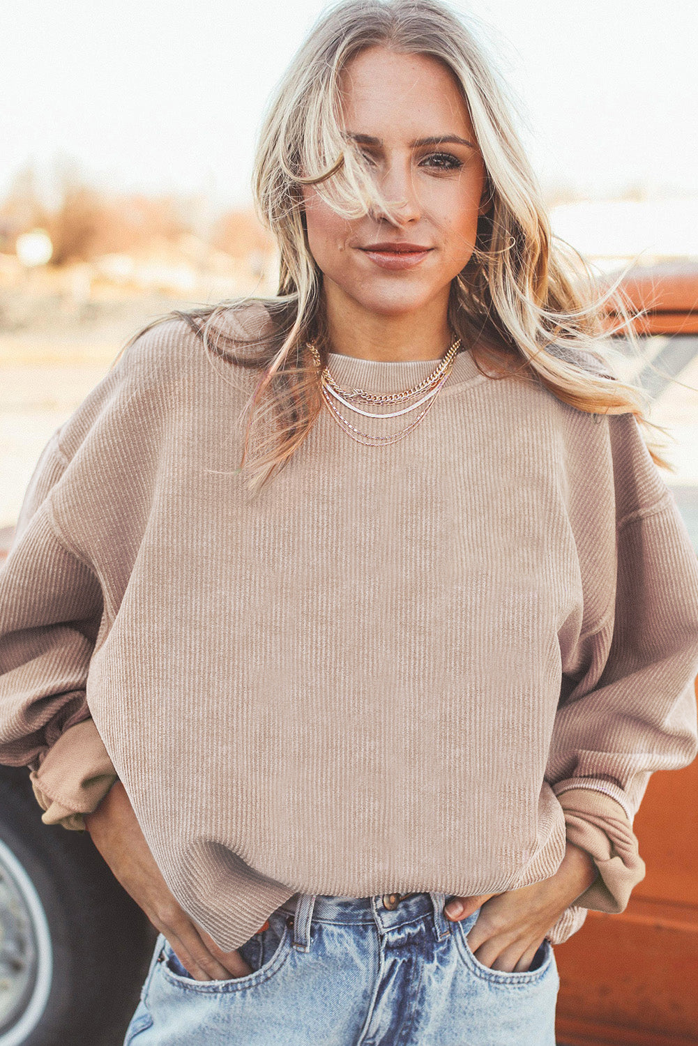 Orange Plain Drop Sleeve Crinkle Rib Oversized Sweatshirt 