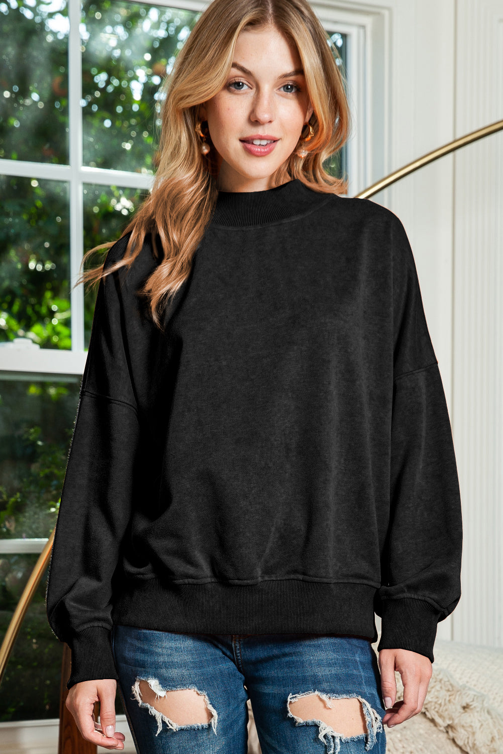 Brown Plain Drop Shoulder Crew Neck Pullover Sweatshirt 