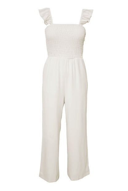 White Smocked Ruffle Strap Pocket Wide Leg Jumpsuit 